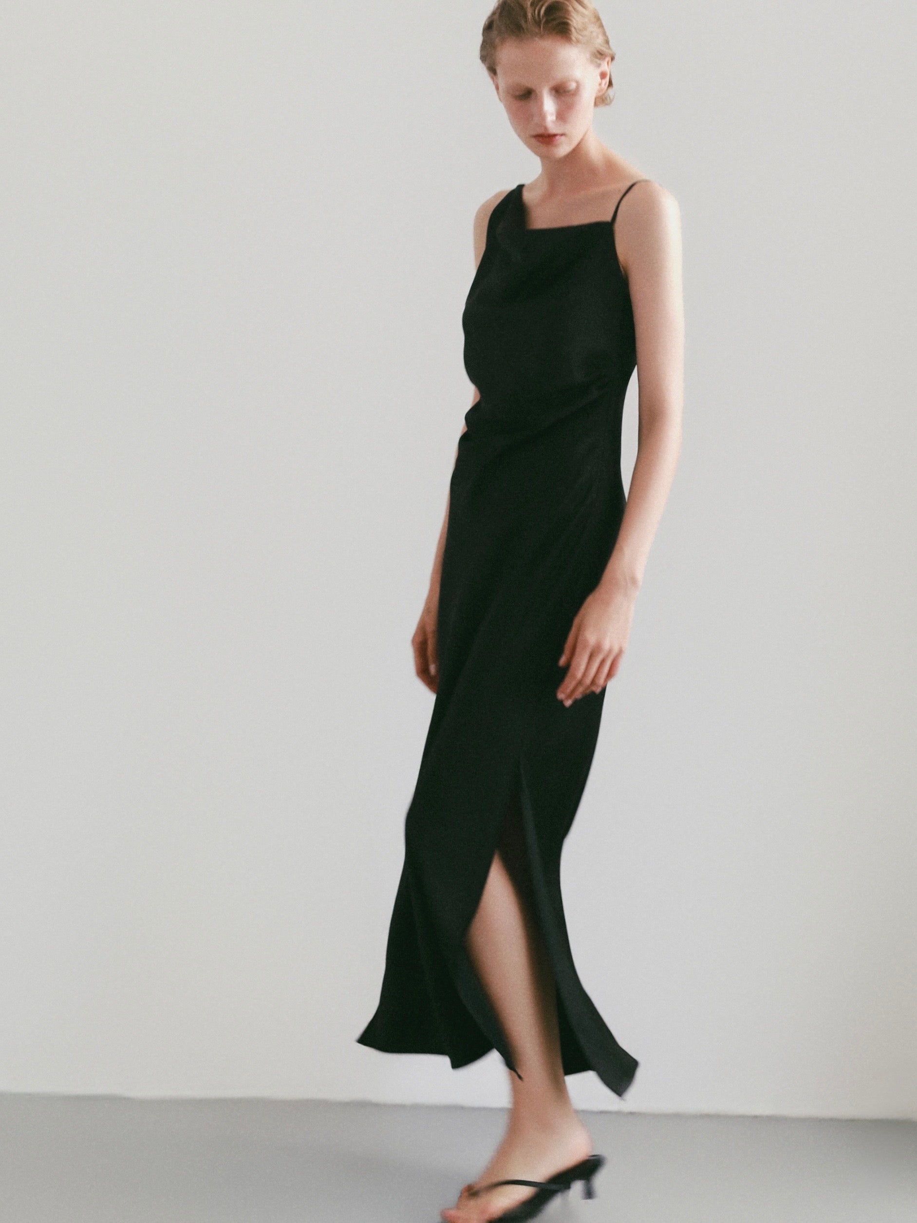maison celon shirringdrapedress ブラック célon】satin asymmetry drape cami dress – THETOVE