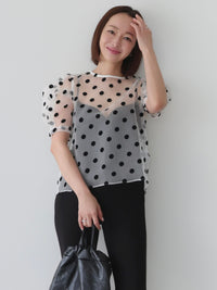 【AMOMMA】SHEER PUFF SHOULDER DOT BLOUSE
