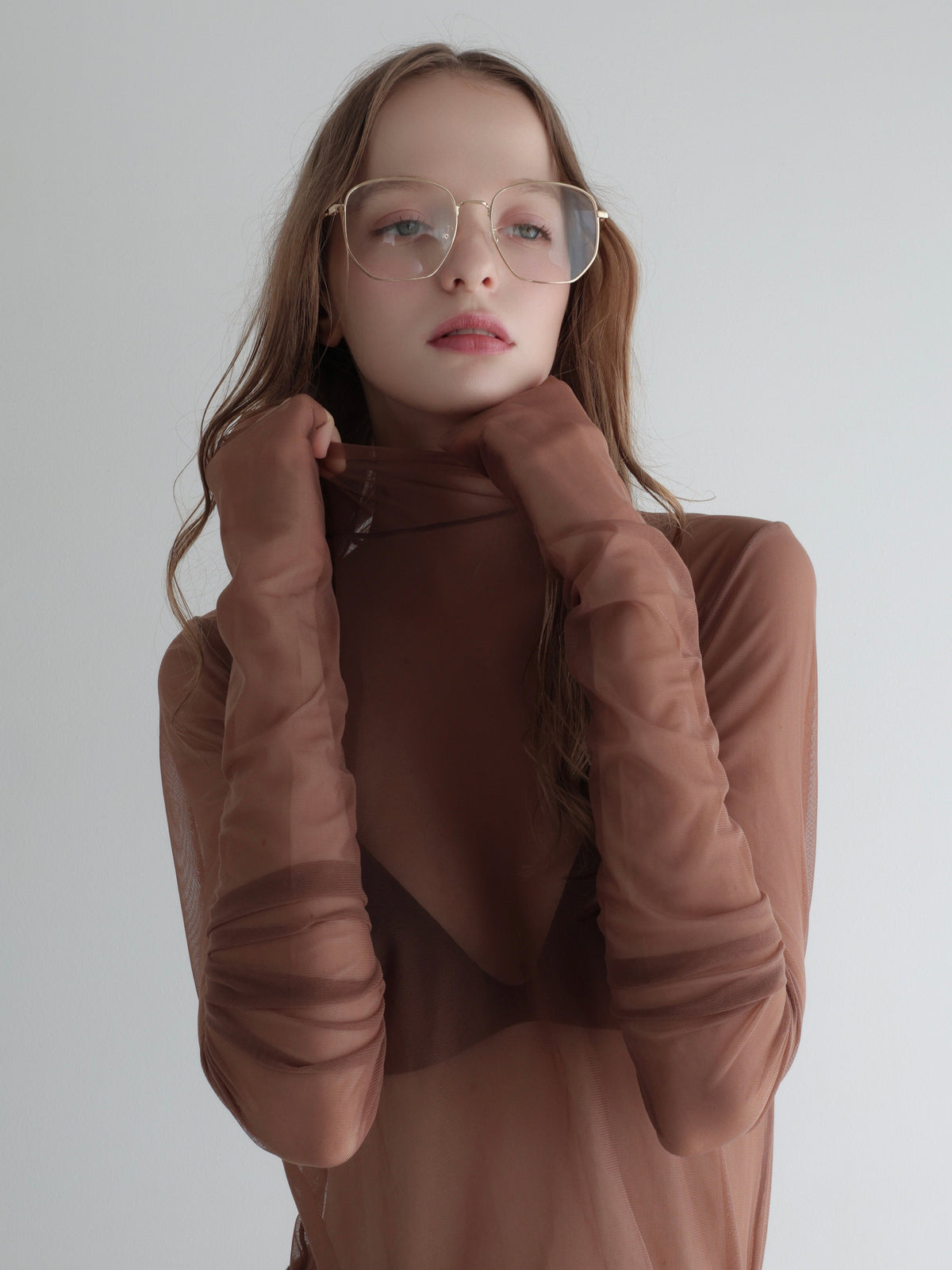 【SAMPLE SALE / AMOMMA】 LONG SLEEVE SHEER TOPS( BROWN )