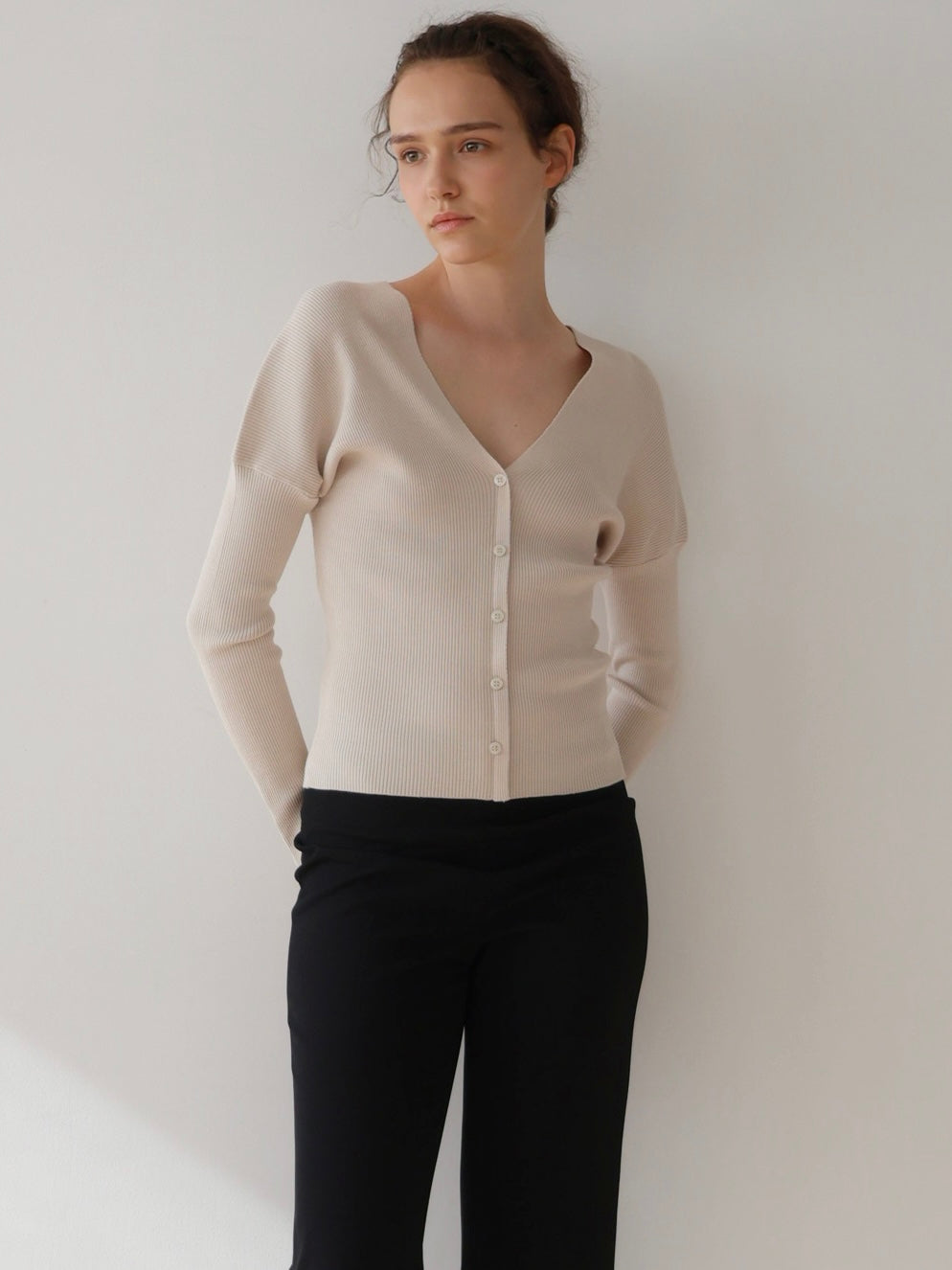 V-neck Ribbed Puff Sleeve Cardigan