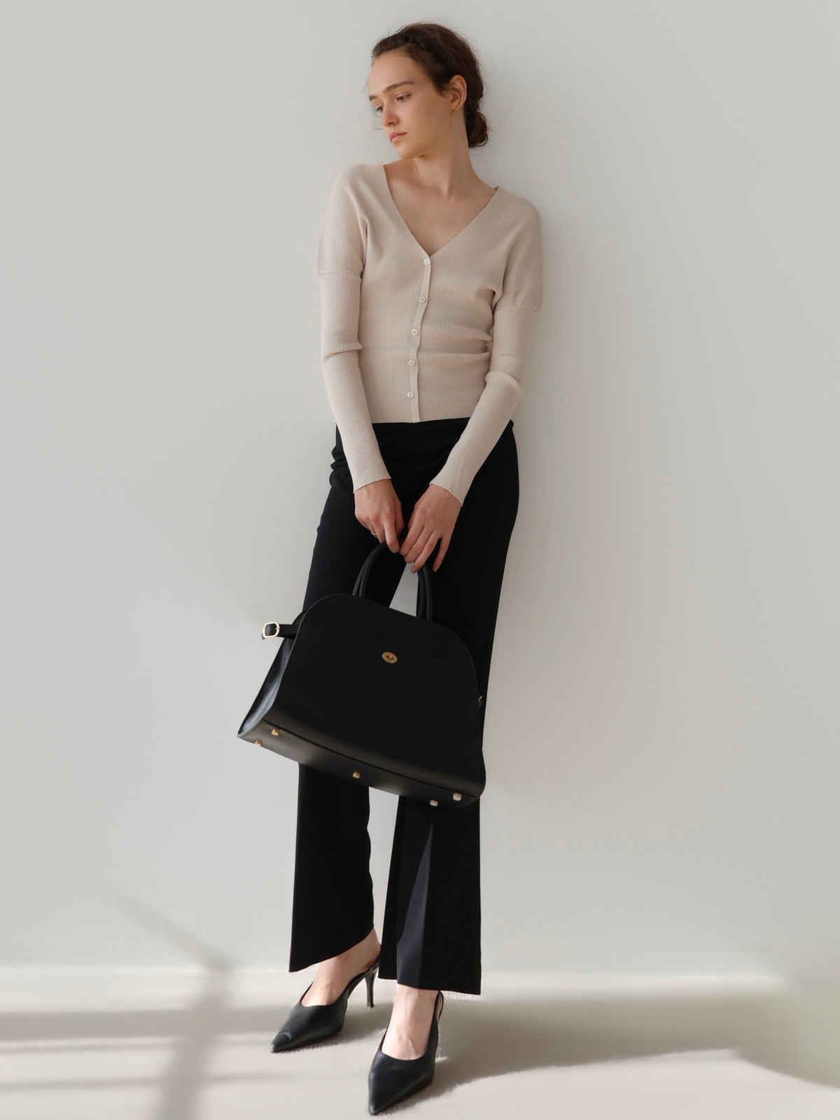 V-neck Ribbed Puff Sleeve Cardigan
