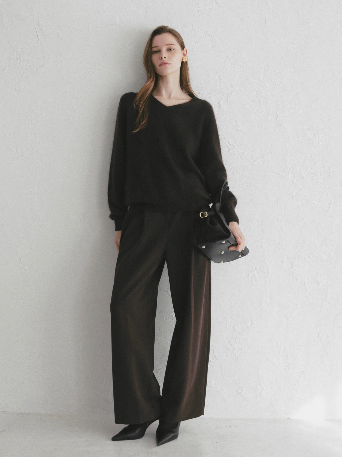 【célon】tuck wide curve pants