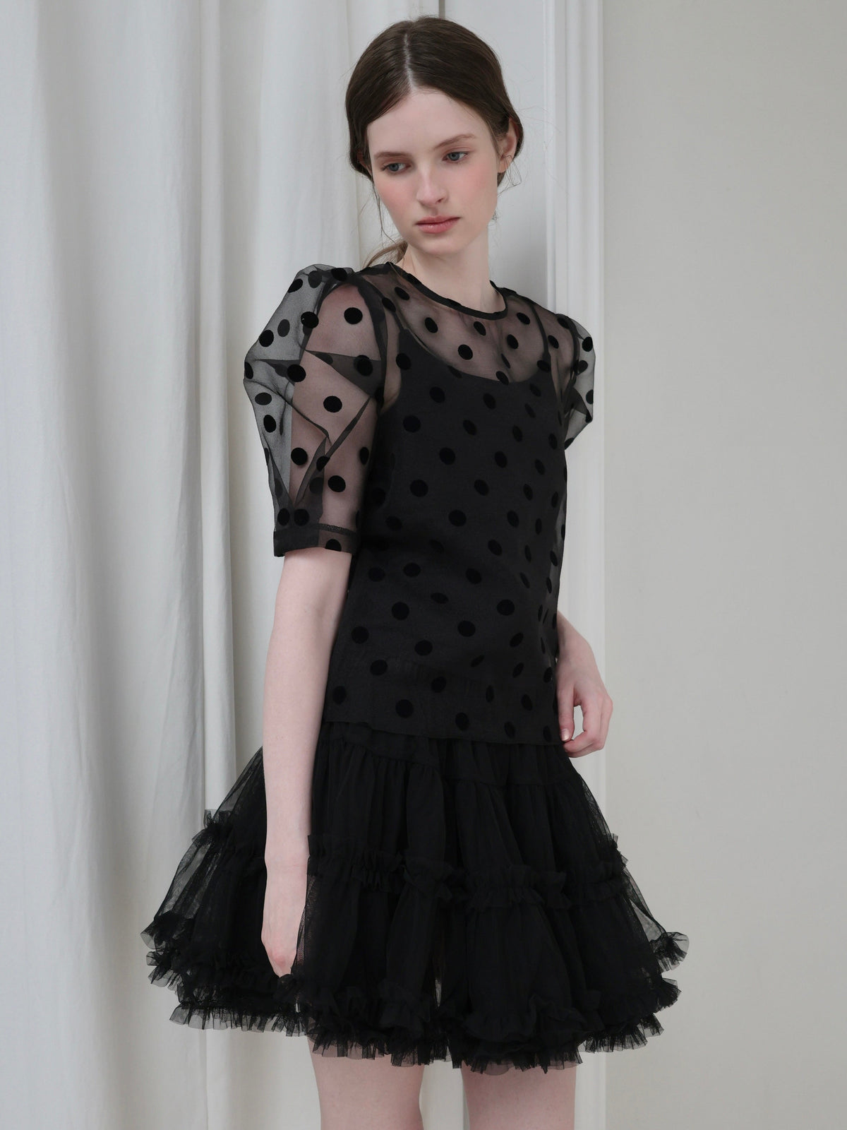 【AMOMMA】SHEER PUFF SHOULDER DOT BLOUSE