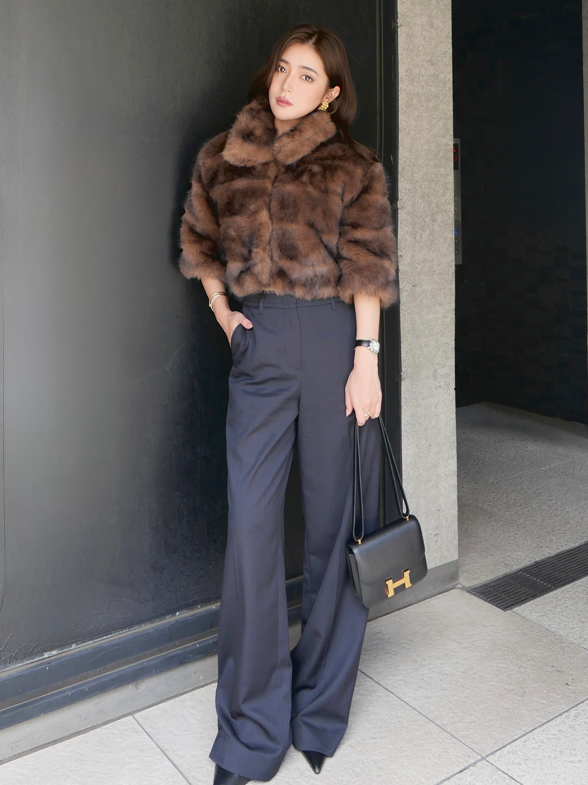 【célon】fur crop jacket