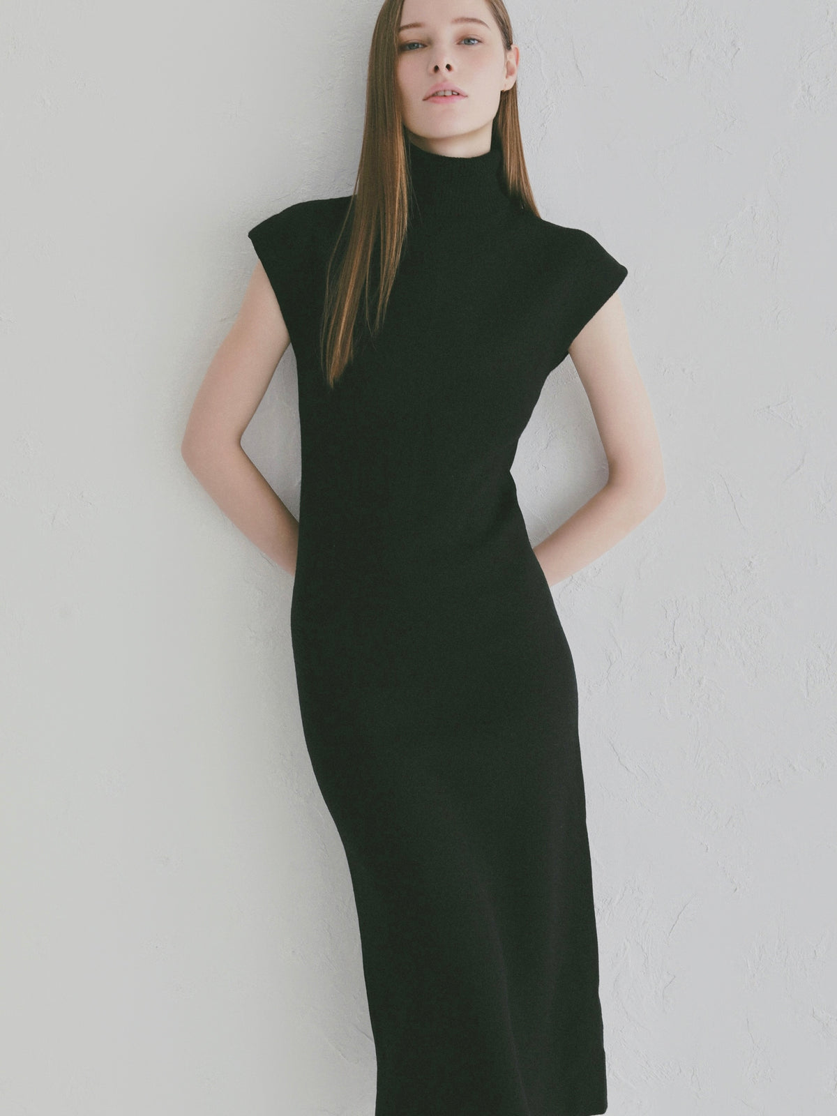 【célon】high neck cap sleeve knit dress