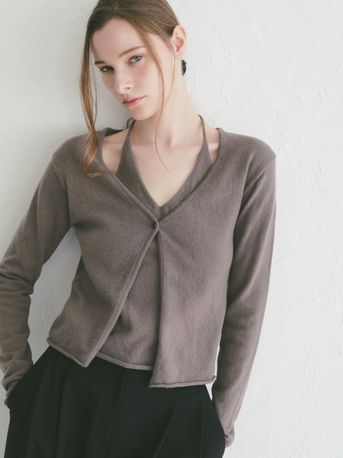 【célon】wool layered halter neck knit cardigan