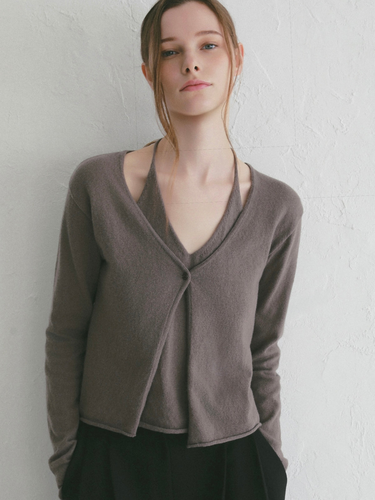【célon】wool layered halter neck knit cardigan