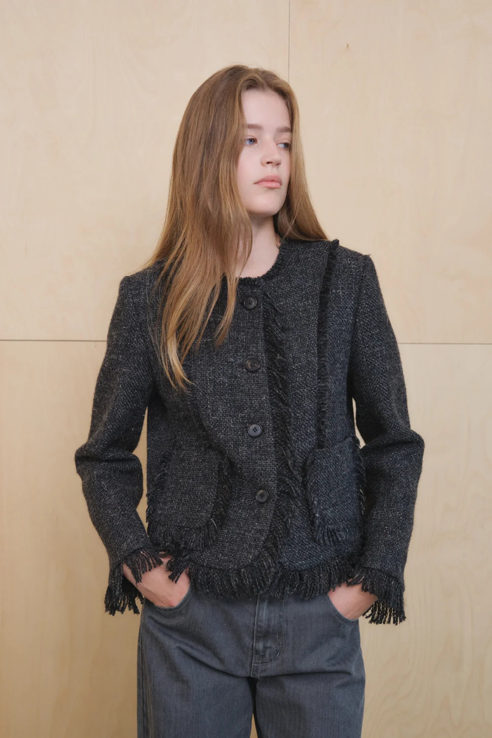【KUMÉ】Fringed Trim Semi-Cropped Tweed Jacket